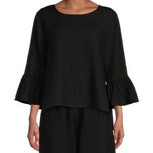 Bryn Walker Fran Linen Top Womens L Black Ruffle Bell Sleeve High Low